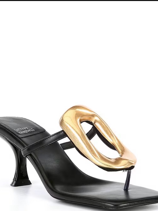 Jeffrey Campbell Shoes - Jeffrey Campbell Black and Gold Linq Leather Ornamented Thong Sandal Heels